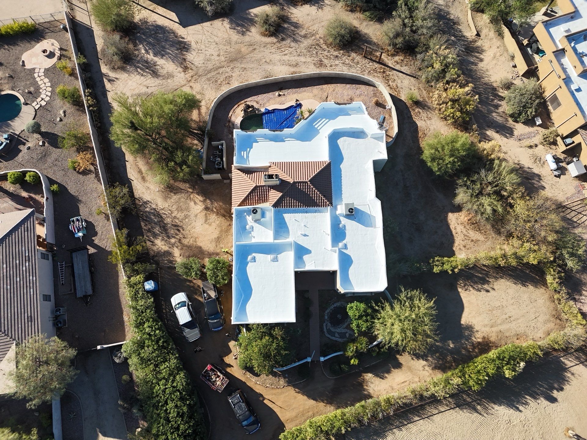 Aerial view of completed roof repair in Scottsdale